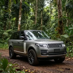 a photo of a range rover in the amazon rainforest