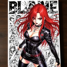 highly detailed professional seinen manga cover art of goth woman with red hair, red eyes, leather clothes, black makeup. chunibyo. horror action cyberpunk action manga cover promotional art. detailed intricate environment. pencils by ilya kuvshinov, painted by zdzislaw beksinski, inks & layouts by tsutomu nihei. blame!