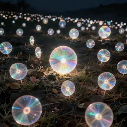 swarm of glowing iridescent discs, by greg rutkowski