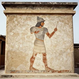 Wide shot of a Minoan temple wall painted with the image of a knight in full plate, cracked and faded in places, 1920s archaeological photo