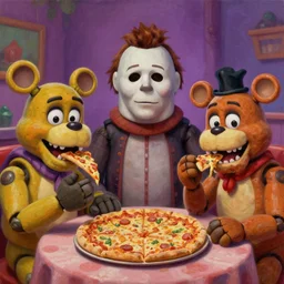 portrait painting of Michael Myers and Glamrock Freddy from Five Nights at Freddy eating a delicious pizza, tables, happy, charming, typical, picturesque, sharp focus, wide shot, trending on ArtStation, masterpiece, by Greg Rutkowski, by Ross Tran, by Fenghua Zhong, octane, soft render, oil on canvas, colorful, cinematic, environmental concept art