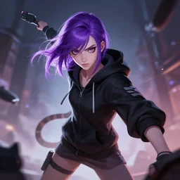 a pale skinny young girl with purple hair, the hime cut, 1 8, in a black hoodie, and a cat, apex legends character, digital illustration portrait design, by android jones and greg rutkowski, detailed, cinematic lighting, wide angle action dynamic portrait