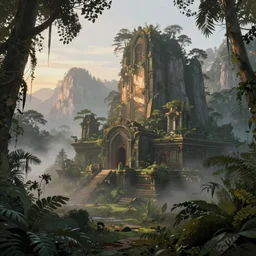a highly detailed matte painting of a lost jungle temple, the mist settles on the ground while the morning light glows off the mountains and trees, by Caspar Friedrich, trending on Artstation