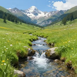 natural mountain spring, gush, small river, creek, high mountains, meadow, alps, pyranees, digital painting, realistic lighting, idyll
