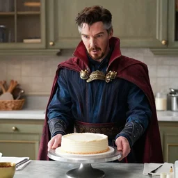 film still of dr strange played by benedict cumberbatch baking a cake in the new dr strange movie, 4 k