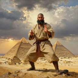 a close portrait of a charismatic egyptian / arabic style kung fu - monk on top of a pyramid overlooking the ancient monumental egyptian city, heavy clouds and setting sun, art by hans gude, art by hans dahl, by jesper ejsing, art by anders zorn, greg rutkowski, greg manchess, tyler edlin