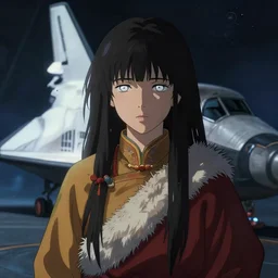 a beautiful Tibetan woman, innocent, somber white eyes, long, gentle lighting, on a small space shuttle, futuristic, dim lighting, digital art by Makoto Shinkai ilya kuvshinov and Wojtek Fus, digital art, concept art,