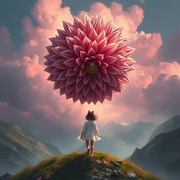 giant dahlia flower crown head, young girl walking on mountain, surreal photography, pink storm clouds, dramatic light, impressionist painting, digital painting, artstation, simon stalenhag