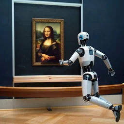 live footage of a robot making off with the mona lisa. photograph of a robot cyborg stealing a painting. robot running away from the museum. live news footage