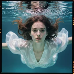 kodak portra 4 0 0 photo portrait of a beautiful woman floating underwater behind a glass in style of tim walker, dressed in white silk, 8 0 mm lens, f 2. 4, elegant, highly detailed, sharp focus,, octane render, ethereal, out worldly colours, emotionally evoking, head in focus, soft blur light dreamy underwater, volumetric lighting unreal engine, epic fantasy