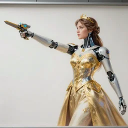 mural of a young cyborg woman, beautiful royal gown, golden detailing, sci fi weapon, reaching towards the heavens, sci fi world, highly detailed holy imagery, renaissance mural, mural in the style of sandro boticceli