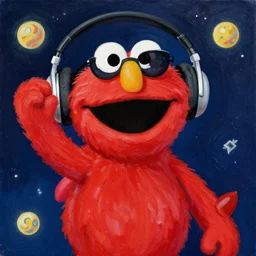 elmo with sunglasses and headphones in space, painting