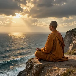 a monk sits alone on the cliff ledge in the lotus position looking out onto a vast ocean, by Ernst Haeckel, golden ratio