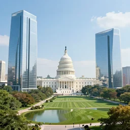 futuristic washington dc with humongous glass buildings, big capitol, giant white house, gigantic park with a lake, hyperdetailed, artstation, cgsociety, 8 k