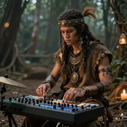 techno shaman with digital drum machine, photorealistic