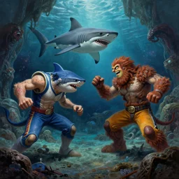 sports mascots gritty and the phill phanatic battle in and undersea grotto of sharks, cosmic horror painting, elegant intricate digital painting artstation concept art by mark brooks and brad kunkle detailed