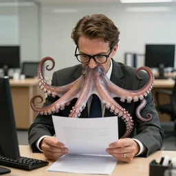 photo of an octopus man in a suit and glasses, reading a document at a desk in an office. Highly detailed 8k. Intricate. Sony a7r iv 55mm. Award winning.