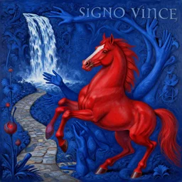 only with blue, ney motogrosso in love, a red stallion, hands in all directions, in hoc signo vinces, waterfall in background, an ancient path, in the style of max ernst, gottfried helnwein, intricate composition, blue by caravaggio, insanely quality, highly detailed, masterpiece, red light, artstation