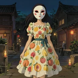 a full body portrait of a young latin woman with a mask in a flowery fruit - based dress wearing a ( ( chinese ) ) mask, night lighting with candles delicate features finely detailed perfect art, at an ancient city, gapmoe yandere grimdark, trending on pixiv fanbox, painted by greg rutkowski makoto shinkai takashi takeuchi studio ghibli