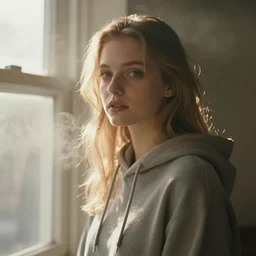 very very beautiful photograph of emily skinner looking like annie leonhart in a hoodie standing next to a window god rays shining on her from the sunlight, volumetric fog, smoke, depth of field, beautiful composition, very very very beautifull!! face, on artstation and instagram
