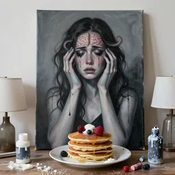 dripping black and grey paint, white wax, sensual, a sad portrait in a female art student's apartment, pancakes, depression, crying, woman holding a brain from inside a painting, berries, octopus, art materials, a lamp, bottles covered in wax, neo - expressionism, surrealism, acrylic and spray paint and oilstick on canvas