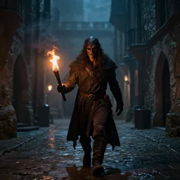 A dark creature walks through a medieval city, torches, dark, medieval