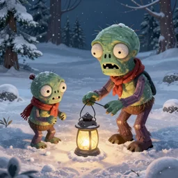 high angle shot of a cute zombie making a snow lantern in the winter, high angle shot, highly detailed, smooth, beautiful, sharp focus, digital painting by greg hildebrandt, tim hildebrandt, greg rutkowski, artgerm