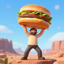 Markiplier lifting a large hamburger like Atlas, utah, bokeh filter