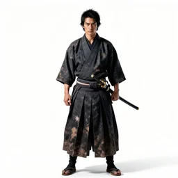 weathered samurai with katana, studio photography, full body, standing, isolated on a pure white background, centered, whole figure in frame, sharp focus, studio lighting