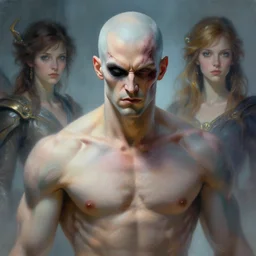 old shaved man with a big scar on his blind left eye, elegant, hard edges, wrath, muscles, ethereal, science fiction, supervilain, fantasy art by greg rutkowski and magali villeneuve and claude monet