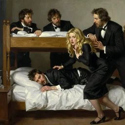 paul rudd hiding under his bed, scared because an evil rachel mcadams is attacking him, painting by gaston bussiere, j. c. leyendecker, greg rutkowski, craig mullins 8 k