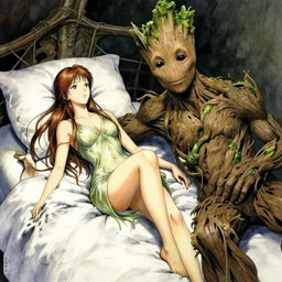 portrait, A wood nymph laying on a bed next to groot, watercolor, dramatic lighting, cinematic, establishing shot, extremely high detail, foto realistic, cinematic lighting, pen and ink, intricate line drawings, by Yoshitaka Amano, Ruan Jia, Kentaro Miura, Artgerm, post processed, concept art, artstation, matte painting, style by eddie mendoza, raphael lacoste, alex ross