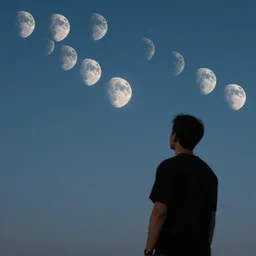 man looking at the pattern with moons in the sky