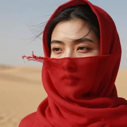 close up of face of fashion model face covered by a red scarf blowing in the wind in the desert, by john rankin waddell, pinterest, figuration libre, redshift, feminine, angular