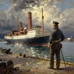 painting of sailor hobo hyperrealism vasily vereshchagin at harbor steamboat