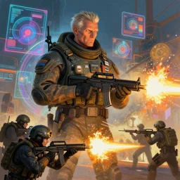 illustration of h. r. giger and liliia sitailo, artist paint in air colorful elements of bright sci - fi hologram elements, squad of swat open fire, dramatic, sharp focus, depth of field, highly detailed, artstation, digital art, volumetric light, dynamic, expression