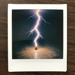 a giant bolt of electricity hovering over floor tiles candid camera polaroid shot