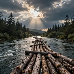 dam made of logs blocking the course of a river, long shot, fantasy
