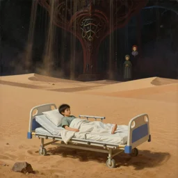 realistic detailed image of a little  small boy in a ##hospital bed## in a huge sand desert. sand falls from the sky in to eternal eternity doom of outer space.  by  Ayami Kojima, Amano, Karol Bak, Greg Hildebrandt, and Mark Brooks, Neo-Gothic, gothic, rich deep colors. Beksinski painting, part by Adrian Ghenie and Gerhard Richter. art by Takato Yamamoto. masterpiece