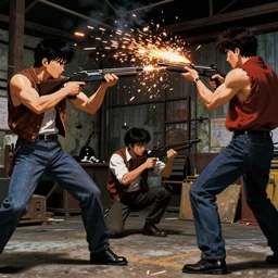 film stills from a 2000s anime film, gunfight in warehouse, cinematic, action shot, sparks