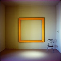 kodak portra 4 0 0, flashlight, muted colours, 1 9 2 0 s style, long shot, photo of a room with concrete walls and a large large square square picture frame, tiny gaussian blur, haze, depth of field, 1 9 6 0 s metal furniture