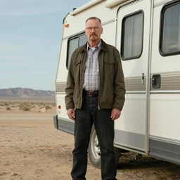 walter white, standing beside an rv, backround: desert,