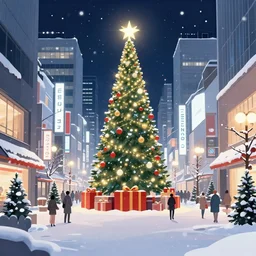 illustration of osaka with many lights and lens flares, snowy winter christmas night
