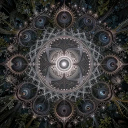 realistic wide angle photo, fractal halo, sacred geometry, intricate artwork by Tyler Edlin, Moebius and Giger, greg rutkowski, very coherent symmetrical artwork, in eyes growing on trees, magic forest,cinematic, hyper realism, high detail, octane render, unreal engine, 8k, Smooth gradients, High contrast, depth of field by Jacek Yerka