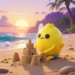3 d octane render, of a hot anthropomorphic lemon female character inspired by cartoon adventure time, with lemon skin texture, she is wearing a hat, building a sandcastle on the beach at sunset, beach, huge waves, sun, clouds, long violet and green trees, rim light, cinematic photography, professional, sand, sandcastle, volumetric lightening