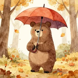 autumn a bear with an umbrella cartoon watercolor by arti chauhan trending on artstation