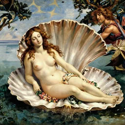 an hyperrealistic mythological oil painting of venus with long curly brown hair, full body, wearing floral chiton, sleeping in a giant scallop shell near the seashore, intricate, elegant, renaissance style, by sandro botticelli -