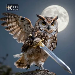 An owl with fluffy fur holding a sword, moonlight, natural light, Cinematic level shot, dynamic pose, award winning photograph, photorealism, beautiful lighting, sharp, details, hyper-detailed, HDR, 8K