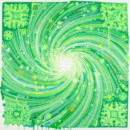 lineart, dayglo green by frank stella, by jan van eyck ornamented, harrowing. drip print that is both chaotic & beautiful. a multitude of colors & shapes in a constant state of motion. the viewer's eye is drawn to the center of the print, where a large, swirling mass of color & light dominates the composition. energy & movement.