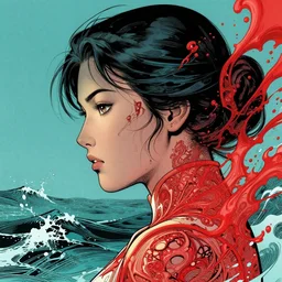 a portrait of a chinese woman with side profile blood in ocean intricate details by MARVEL comics and Sandra Chevrier-C